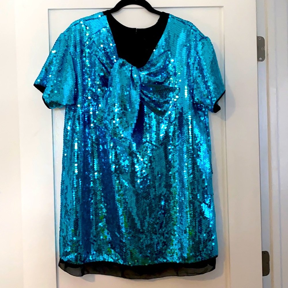 Marc Jacobs teal sequins + black satin dress